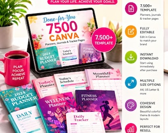 7500+ Canva Planner Bundle | Editable Planners, Journals & Trackers | Instant Download | PLR /Resell Rights