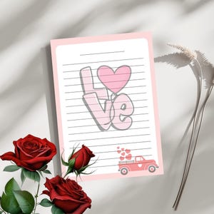 Papel de carta personalizado para el día de San Valentín / Juego de cartas de amor románticas / Papelería de amor personalizada A4 / Diseño de corazón rosa y rojo / Imprimible