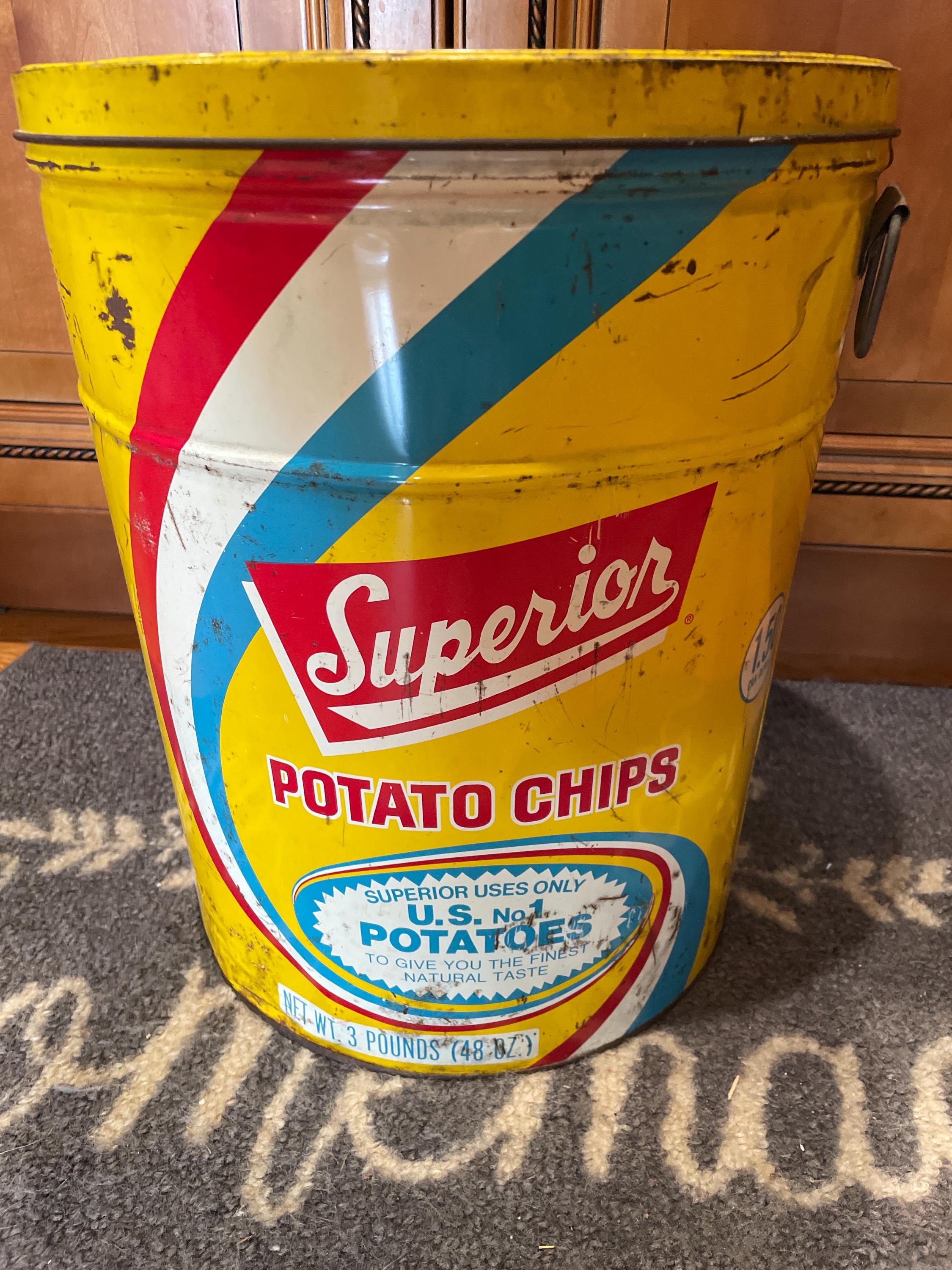 Vintage Superior Potato Chips Tin Metal Can and Lid Advertising