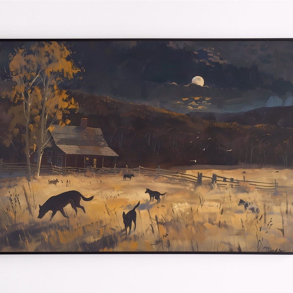 Dogs in a Moonlit Fall Field | Vintage Dog Painting | Rustic Cottage Decor | Dog Lovers | Printable Wall Art | VPV S1-013