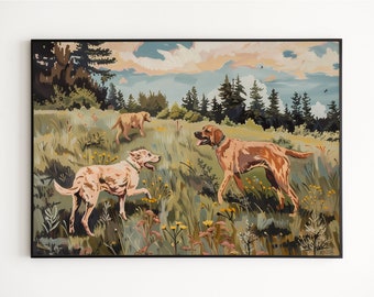 Spring Field with Dogs Playing | Vintage Dog Painting | Rustic Cottage Decor | Dog Lovers | Printable Wall Art | VPV S1-202