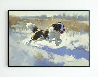 Border Collie corre attraverso un campo innevato / Dipinto di cane vintage / Decorazione rustica per cottage / Amanti dei cani / Arte murale stampabile / VPV S1-256