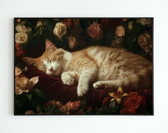 Sleeping Orange Tabby Still Life | Vintage Cat Painting | Rustic Cottage Decor | Cat Lovers | Printable Wall Art | VPV S1-249