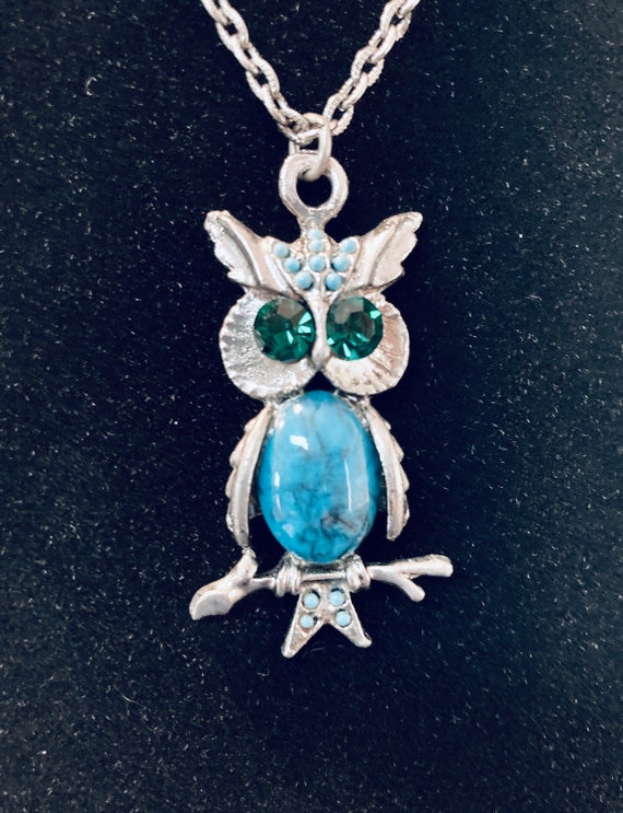 Vintage Jelly Belly Owl Pendant Necklace Faux Tur… - image 1