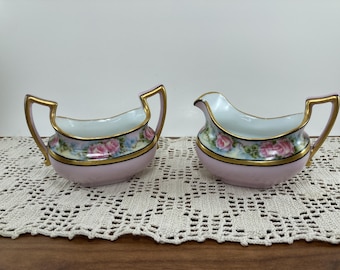 Antique Imperial Austria Sugar and Creamer Set: Pink Floral Gold Trim