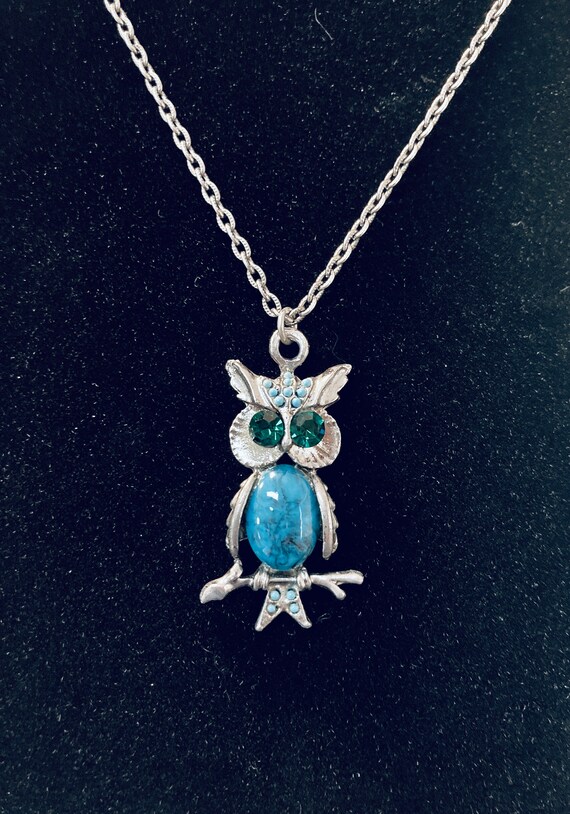 Vintage Jelly Belly Owl Pendant Necklace Faux Tur… - image 2