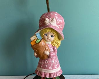 Vintage Ceramic Bonnet Girl Lamp: 1970s Amy Figurine, Pink Dress
