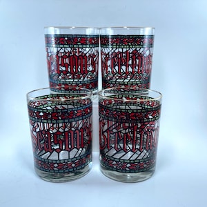 Viintage Houze Season&#39;s Greetings Holiday Drinking Tumblers, Poinsettia Stained Glass Design w/Gold Trim
