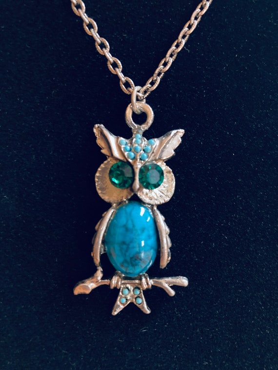 Vintage Jelly Belly Owl Pendant Necklace Faux Tur… - image 3