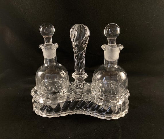 Antique Glass Cruet Set: Victorian Oil and Vinegar Bottles with Tray