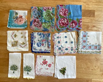 Vintage Cotton / Linen Print and Embroidered Handkerchief Hankies