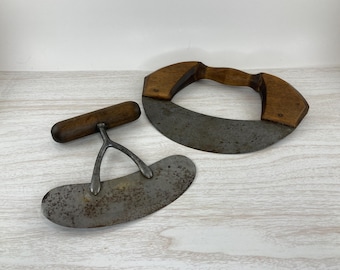 Antique Kitchen Choppers with Wooden Handles: Curved Blade Rocking Choppers