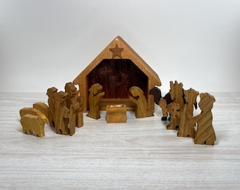 Carved Wooden Nativity Set with Storage Cover: 16 Pieces