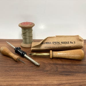 Vintage Set of Rug Making Tools: Columbia Needles, Rug Hook, Thread