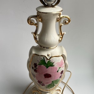 Victorian Style Porcelain Table Lamp with Floral Design and Gold Trim, White Trophy Handle Lamp, Vintage