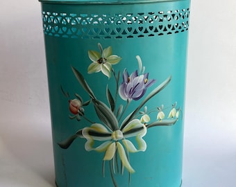 Mid-century Toleware Turquoise Metal Trash Can: Hand Painted Floral, Lattice Top