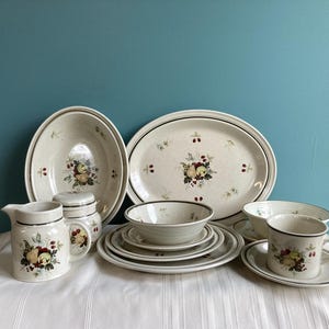 May include: A collection of cream-colored ceramic tableware with a fruit and floral design. The set includes serving platters, bowls, plates, a creamer, a sugar bowl, and a cup and saucer. Each piece has a dark brown trim.
