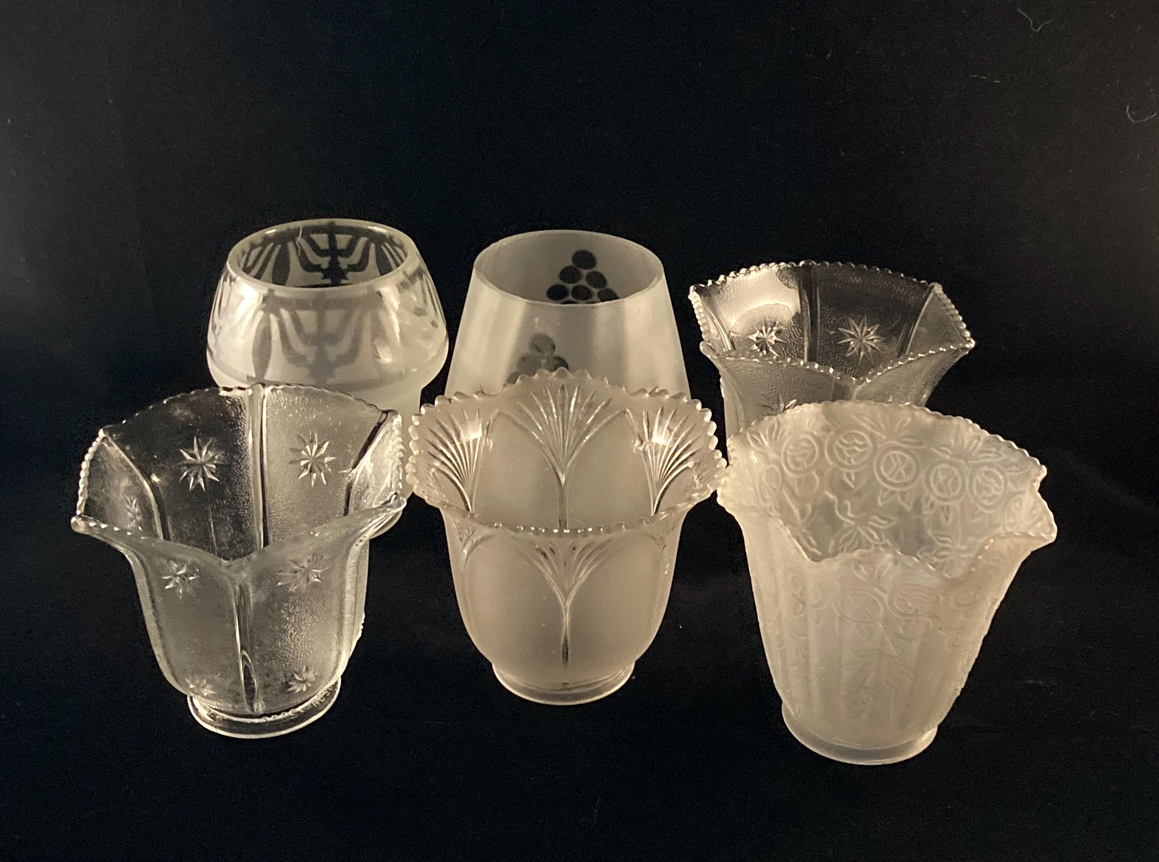 Choice of Antique Pressed Glass Lamp Shade 2 Inch Fitter, Frosted, Embossed, Scalloped, Gas Lamp, Chandelier Replacement Shade