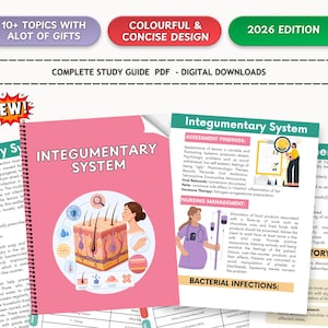 May include: A study guide titled "Integumentary System" with a pink cover, spiral binding, and detailed medical illustrations. The guide includes the text "10+ TOPICS WITH ALOT OF GIFTS" and "2026 EDITION".