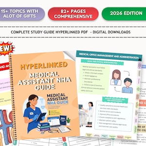 May include: A digital study guide for medical assistants, featuring a spiral-bound book with the title "Hyperlinked Medical Assistant NHA Guide." The guide includes topics, pages, and a 2026 edition. The image also shows study materials.