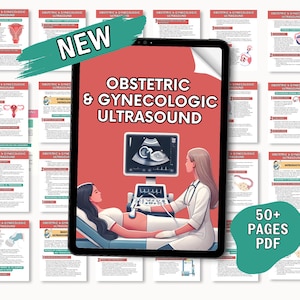 Puede incluir: Una tableta digital que muestra un gráfico colorido con el texto "Obstetric & Gynecologic Ultrasound" y una ilustración médica de una ecografía. La tableta está rodeada de imágenes más pequeñas de ecografías y texto. El texto "NEW" se muestra en una fuente grande y en negrita sobre la tableta. El texto "50+ Pages PDF" se muestra en un círculo verde debajo de la tableta.