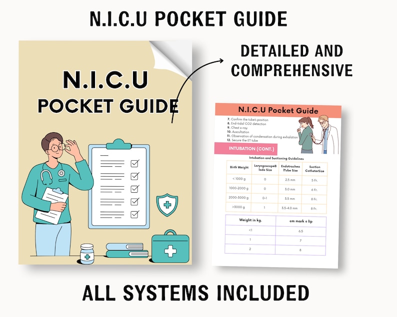K&ouml;nnte beinhalten: Eine bunte Illustration eines Arztes mit einer Checkliste und einem Erste-Hilfe-Kasten. Der Text "N.I.C.U Pocket Guide" wird in gro&szlig;en Buchstaben angezeigt. Der Text "All Systems Included" wird am unteren Rand des Bildes angezeigt. Ein kleineres Bild zeigt eine Tabelle mit Informationen &uuml;ber Intubation und Saugkathetergr&ouml;&szlig;e.