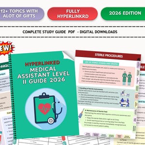 Pode incluir: Um guia de estudo verde-azulado intitulado "HYPERLINKED MEDICAL ASSISTANT LEVEL II GUIDE 2026" com um gráfico de prancheta e estetoscópio. O guia faz parte de uma série de downloads digitais, com o texto "12+ TOPICS WITH ALOT OF GIFTS" e "2026 EDITION" no topo.