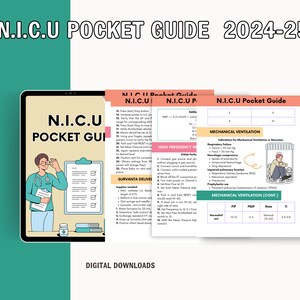 K&ouml;nnte beinhalten: Ein digitaler Download-Leitfaden f&uuml;r die Neugeborenen-Intensivstation (NICU) mit einer Cartoon-Illustration eines Arztes und einer Checkliste. Der Leitfaden enth&auml;lt Informationen &uuml;ber mechanische Beatmung, Hochfrequenzbeatmung und die Verabreichung von Surfactant.