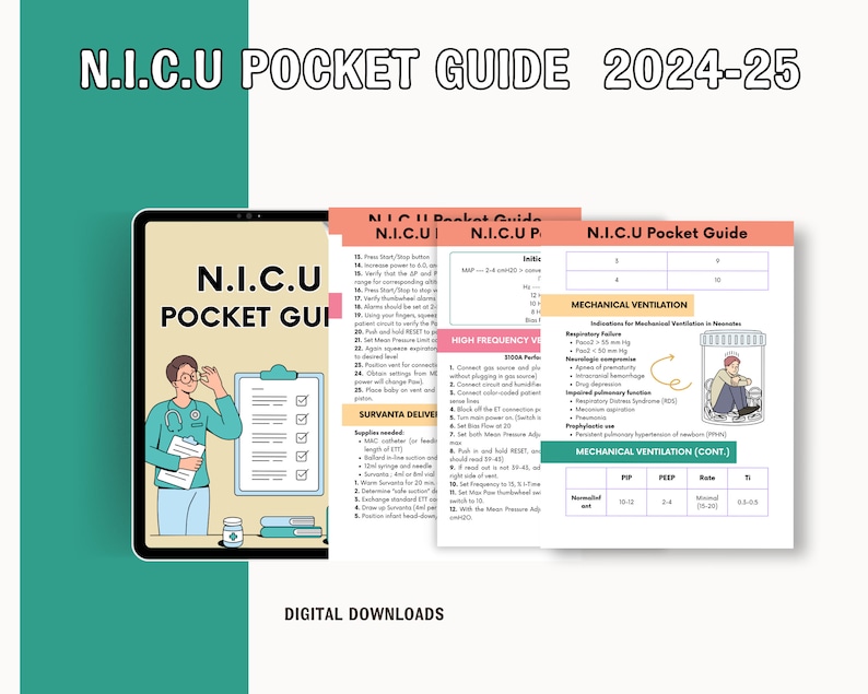 K&ouml;nnte beinhalten: Ein digitaler Download-Leitfaden f&uuml;r die Neugeborenen-Intensivstation (NICU) mit einer Cartoon-Illustration eines Arztes und einer Checkliste. Der Leitfaden enth&auml;lt Informationen &uuml;ber mechanische Beatmung, Hochfrequenzbeatmung und die Verabreichung von Surfactant.