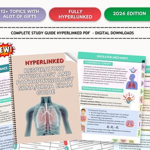 Puede incluir: Una guía de estudio sobre fisiología y fisiopatología respiratoria, titulada "Hyperlinked Respiratory Physiology and Pathophysiology SRNA/CRNA Exam Guide". La guía incluye diagramas y texto sobre mecánica ventilatoria.