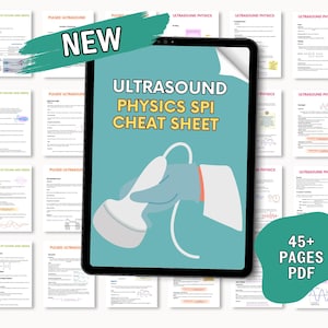 Könnte beinhalten: Ein digitales Tablet zeigt ein Spickzettel für Ultraschallphysik. Der Spickzettel trägt den Titel "Ultrasound Physics SPI Cheat Sheet" und zeigt eine Hand, die eine Ultraschallsonde hält. Das Tablet ist von kleineren Seiten des Spickzettels umgeben, mit dem Text "NEW" und "45+ PAGES PDF" sichtbar.