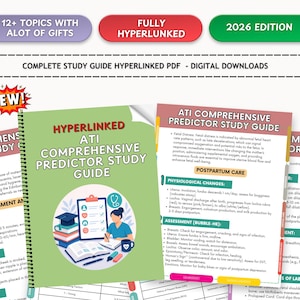 Puede incluir: Una guía de estudio verde titulada "ATI Comprehensive Predictor Study Guide" con la palabra "Hyperlinked" en la portada. La guía tiene una encuadernación en espiral e incluye temas con regalos y una edición de 2026. La guía es para descargas digitales.