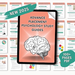 以下が含まれることがあります： ピンクの背景に「Advance Placement Psychology Study Guides」というテキストと、白黒の脳のイラストが表示されたデジタルタブレット。タブレットは、「Advance Placement Psychology Study Guides」というテキストとイラストが書かれた学習ガイドのページで囲まれています。「NEW 2025」というテキストは画像の上部に緑色のボックスに入っています。「100+ Pages PDF」というテキストは画像の下部にターコイズブルーのボックスに入っています。