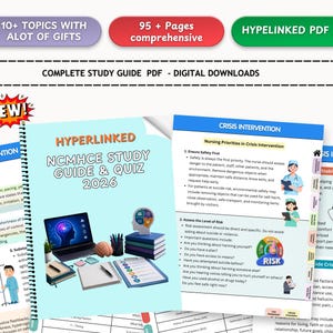 May include: A digital NCMHCE study guide and quiz PDF for 2026, featuring a light blue cover with a laptop, books, and a brain model. The document includes 95+ pages of comprehensive content, hyperlinked navigation, and crisis intervention notes.