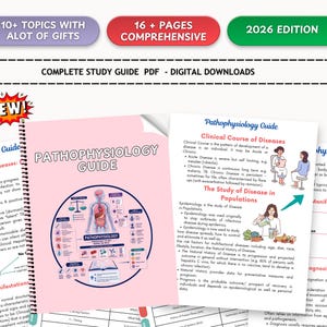 Puede incluir: Una guía de estudio digital titulada Pathophysiology Guide, con una portada rosa que muestra un diagrama anatómico central y páginas internas con texto médico, ilustraciones de cursos clínicos de enfermedades y notas sobre epidemiología.
