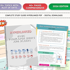 May include: A digital study guide with the title "Basic Ventilator Modes and Alarms" is displayed. The guide includes a "Cheat Sheet" and is labeled as a 2026 edition. The guide is hyperlinked and offers over 10 topics with gifts and 40+ pages of comprehensive information.