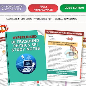 May include: A teal spiral-bound notebook titled "HYPERLINKED ULTRASOUND PHYSICS SPI STUDY NOTES" with a sonogram graphic. Accompanying study guides and banners with text like "2026 Edition" and "Complete Study Guide".