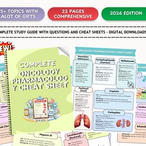 Op de afbeelding: Een complete oncologie farmacologie cheat sheet met 22 pagina's, digitale downloads en 15+ onderwerpen. De gids bevat vragen en cheat sheets. De cover toont de tekst "Complete Oncology Pharmacology Cheat Sheet" en "2026 Edition".