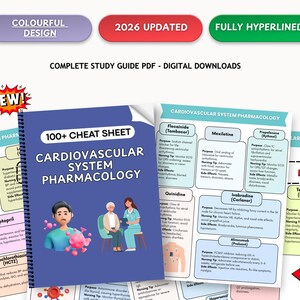 May include: A digital study guide PDF titled 100+ Cheat Sheet Cardiovascular System Pharmacology. The cover features illustrations of a person, a healthcare provider, and a patient. The interior pages display organized medical information tables.