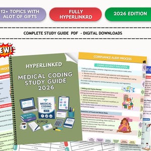 Op de afbeelding: Een studiehandleiding voor medische codering voor 2026, getiteld "Hyperlinked Medical Coding Study Guide 2026". De afbeelding toont de open handleiding met kleurrijke pagina's met tekst en illustraties. De tekst "12+ Topics with Alot of Gifts" en "Complete Study Guide PDF - Digital Downloads" is ook zichtbaar.
