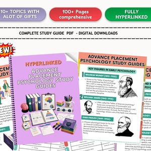 Pode incluir: Um guia de estudo digital para psicologia Advance Placement com uma capa espiral sobre fundo rosa, ilustrações de livros, um modelo de cérebro e artigos de papelaria. O guia inclui texto, diagramas e figuras históricas como Wundt.