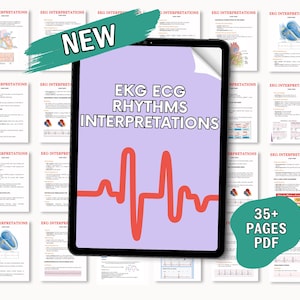 Op de afbeelding: Een digitale tablet met een paarse achtergrond en een rode EKG-golfvorm. De tekst "EKG ECG RHYTHMS INTERPRETATIONS" wordt op de tablet weergegeven. De tablet is omringd door 16 pagina's met EKG-interpretaties, elk met een diagram van een hart en EKG-metingen. De tekst "NEW" wordt in een groene doos bovenaan de afbeelding weergegeven. De tekst "35+ PAGES PDF" wordt in een groene doos onderaan de afbeelding weergegeven.