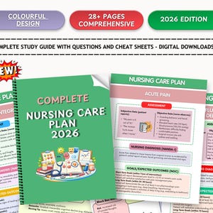 May include: A green spiral-bound study guide titled "Complete Nursing Care Plan 2026" with colorful design elements. The guide includes questions, cheat sheets, and is available as digital downloads. The cover features illustrations of medical tools.