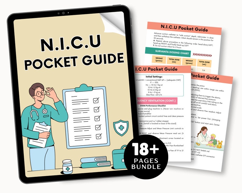K&ouml;nnte beinhalten: Ein digitaler Leitfaden f&uuml;r Neugeborenen-Intensivstationen (NICU) mit einer Illustration eines Arztes, der eine Klemmbrett und eine Checkliste h&auml;lt. Der Leitfaden enth&auml;lt Informationen zu den Anfangseinstellungen, der Frequenzbeatmung und einer Survanta-Dosiertabelle. Der Leitfaden ist als 18+ Seiten-Paket erh&auml;ltlich.