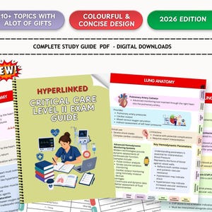 May include: A study guide titled "Hyperlinked Critical Care Level II Exam Guide" with a nurse illustration. The guide is surrounded by pages detailing lung anatomy and hemodynamic parameters. The cover has the text "NEW!" and "2026 Edition".