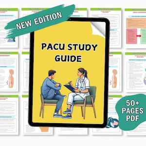 Puede incluir: Una tableta digital muestra una "Guía de estudio PACU" con ilustraciones de un profesional médico y un paciente. La portada es amarilla con el texto "NUEVA EDICIÓN" y "50+ PÁGINAS PDF". La tableta está rodeada de páginas con información médica.