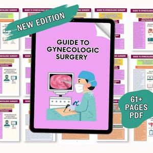 Op de afbeelding: Een digitale tablet toont een gids getiteld "Guide to Gynecologic Surgery" met een medische illustratie. De afbeelding bevat de tekst "New Edition" en "61+ Pages PDF". Verschillende pagina's met medische informatie omringen de tablet.