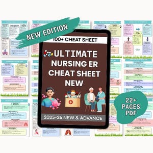 May include: A digital tablet displaying a brown cover with the text "ULTIMATE NURSING ER CHEAT SHEET NEW". The image includes the text "NEW EDITION", "100+ CHEAT SHEET", "2025-26 NEW & ADVANCE", and "22+ PAGES PDF". The background shows several colorful pages.