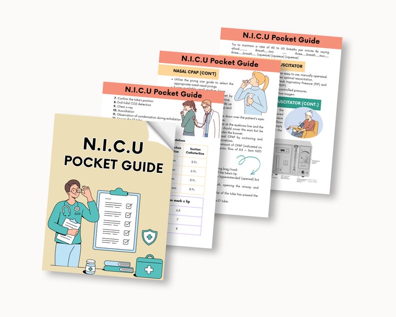 K&ouml;nnte beinhalten: Ein illustrierter Leitfaden f&uuml;r eine Neugeborenen-Intensivstation (NICU) mit dem Titel "N.I.C.U Pocket Guide". Der Leitfaden ist gelb und braun und enth&auml;lt Illustrationen von medizinischen Ger&auml;ten und Verfahren, wie z. B. eine Nasensonde, ein Beatmungsger&auml;t und ein Absaugschlauch.