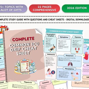 Könnte beinhalten: Ein Studienführer mit dem Titel "Complete Common ICU Drip Cheat Sheet" mit dem Text "2026 Edition". Der Führer enthält Informationen zu verschiedenen Themen und Cheat Sheets. Das Cover ist hellbraun mit einer Grafik von medizinischen Hilfsmitteln.